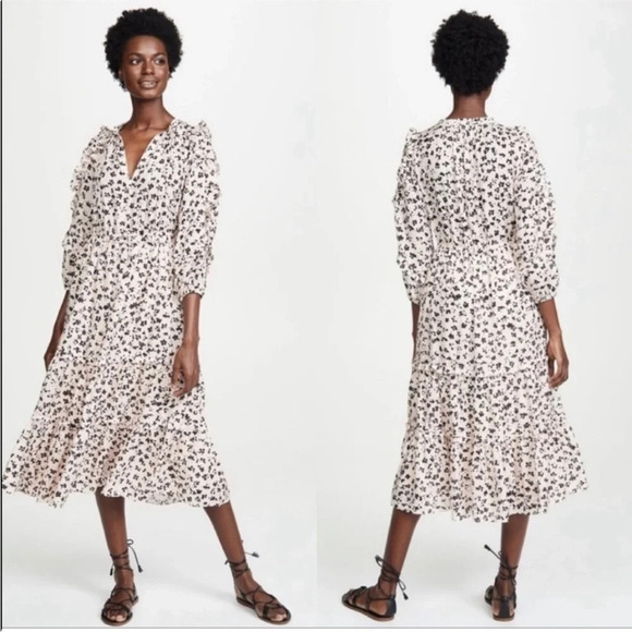 Ulla Johnson | Fantine Silk Midi Floral Ruffle Tiered Dress in Blush Pink 10 - Picture 1 of 9